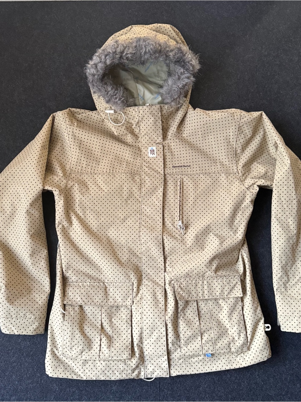Special Blend Cirrus Group 10K Snowboard Jacket Khaki Polka Dot Faux Fur Hood L